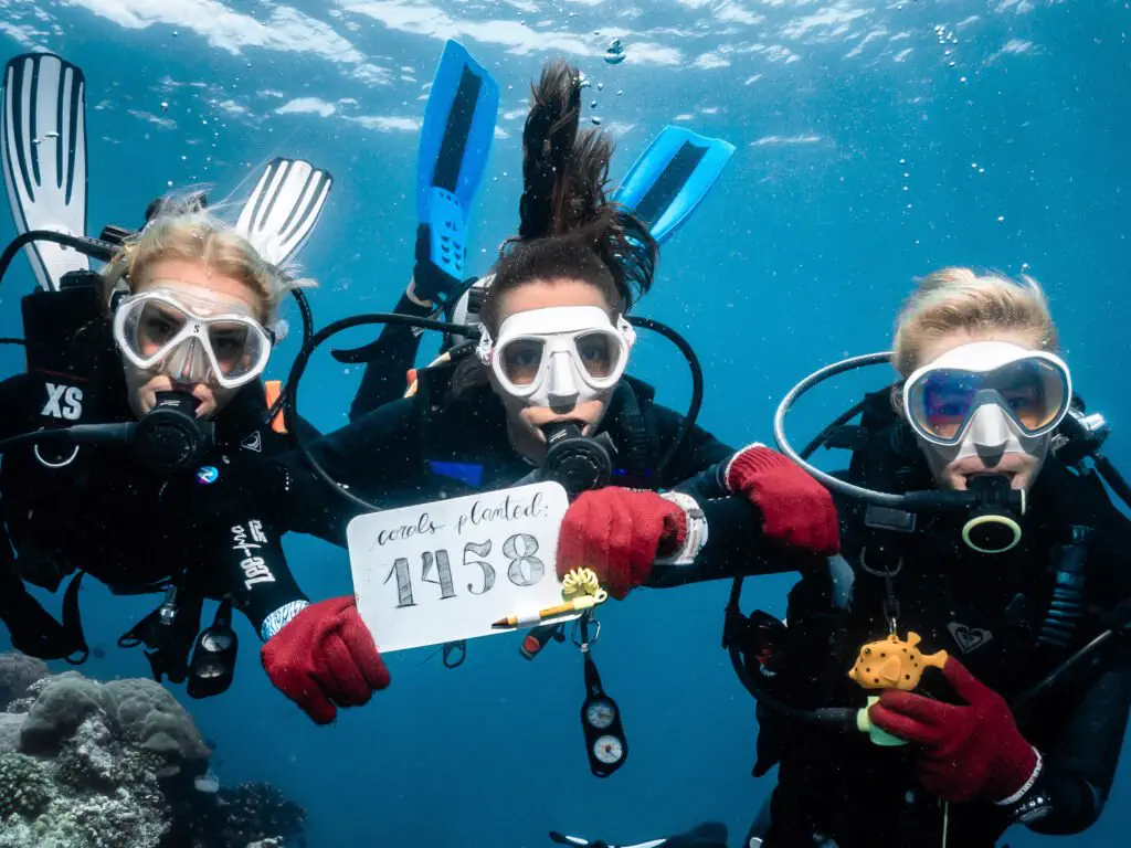 Three graduating participants of the GaiaOne Coral Restoration Course, who planted 1,458 corals in Indonesia