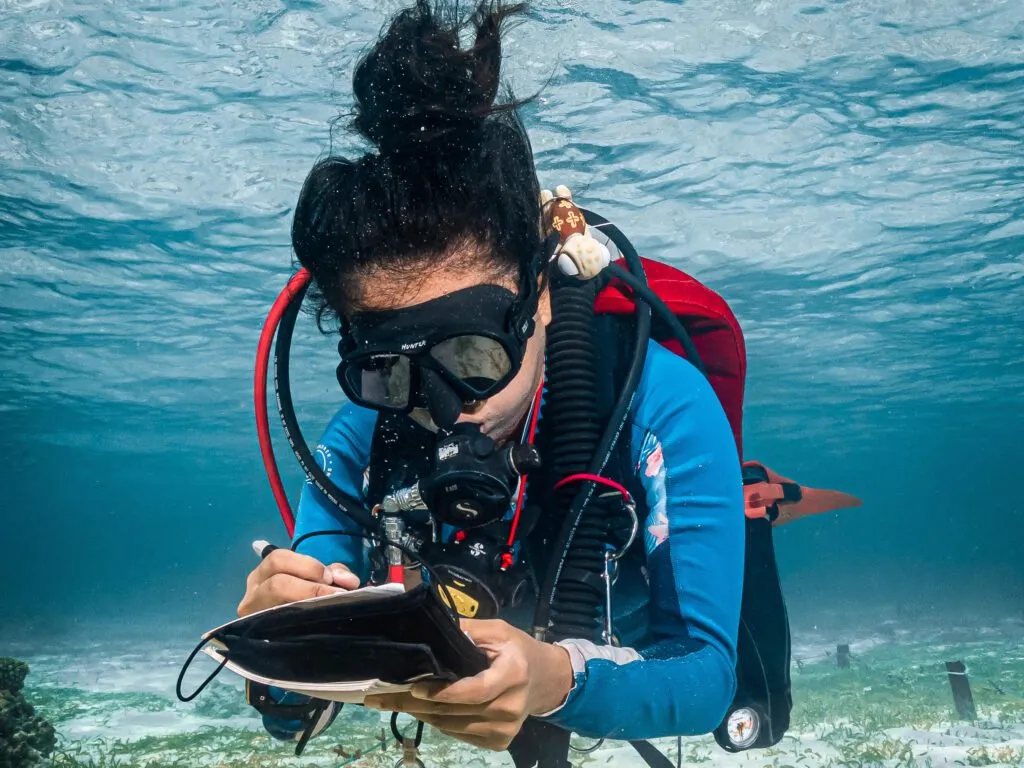 Nori conducting a reef survey on a dive
