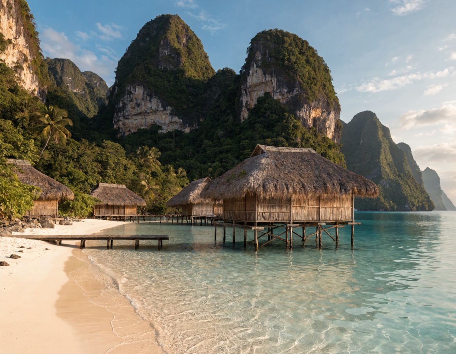 Oceanfront stilt bungalows of a Raja Ampat dive camp below jungle-covered karst peaks at golden hour