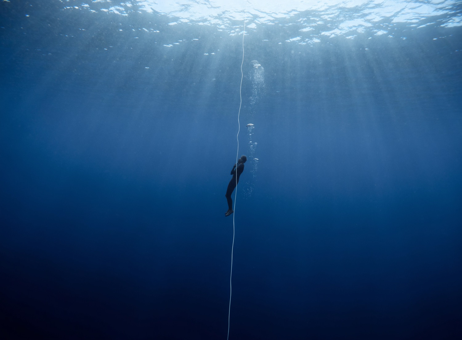 Two freedivers descending a line into the deep blue